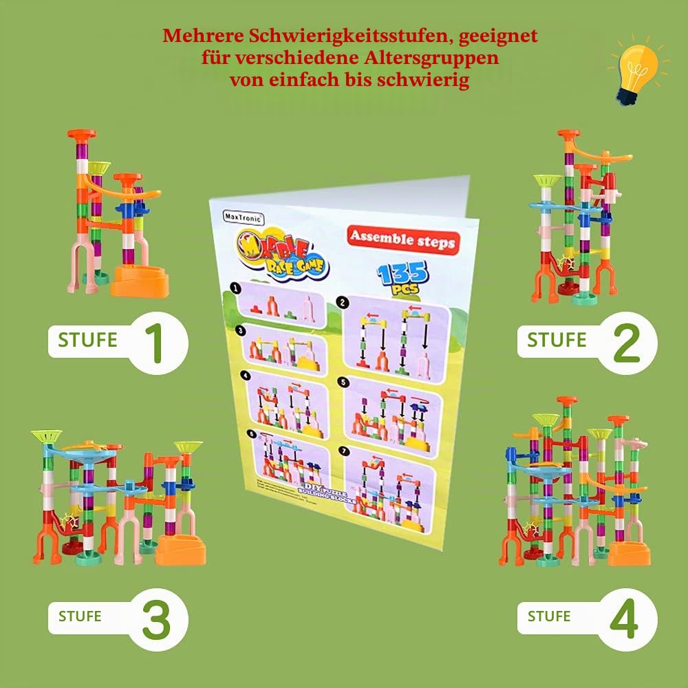 135pcs Murmelbahn mit Verschiedenen Aufbaumöglichkeiten - Kugelbahn Set Stabil Leicht Zusammenzubauen- Murmelbahn ab 3 Geburtstagsgeschenk