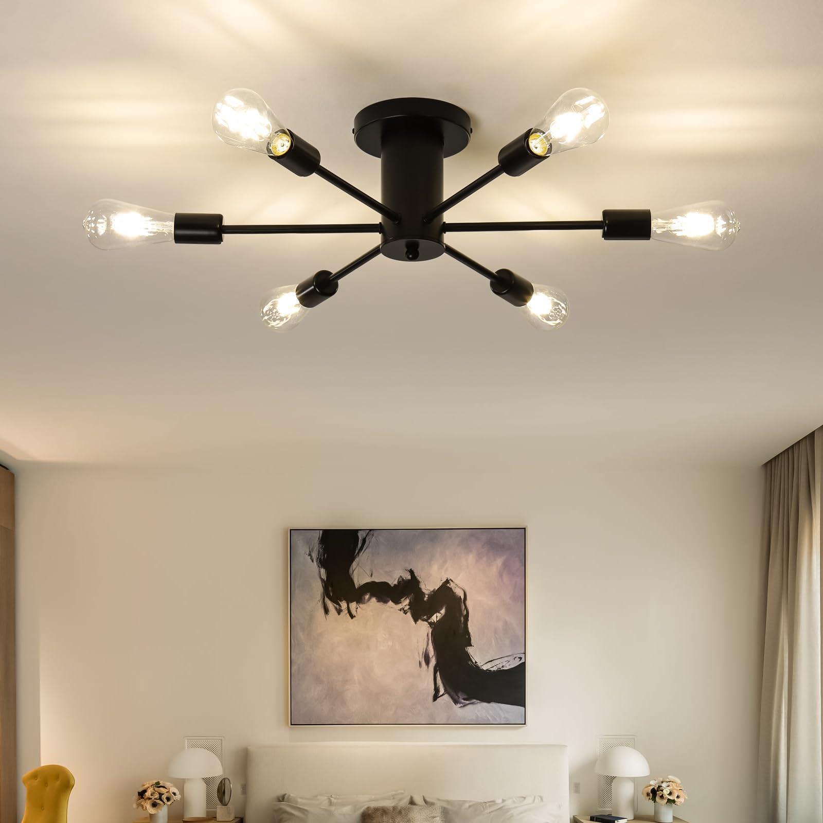 6-Lights Semi Flush Mount Ceiling Light Matte Black Close to Ceiling Lighting with E26 Base Modern Sputnik Light