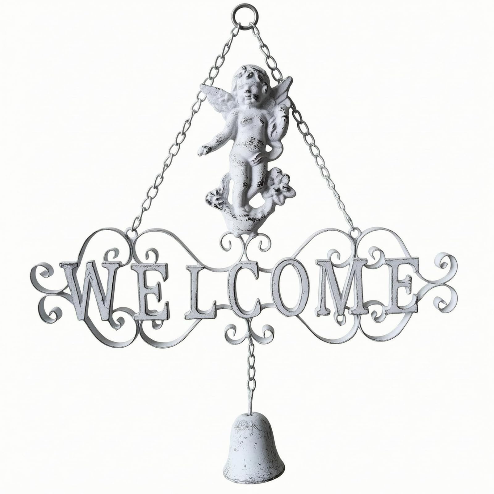 Insegna WELCOME in Ferro Bianco Sbiadito Cartello WELCOME Sospeso Appendibile Cartello Giardino Ferro per Porta, Angelo Vintage