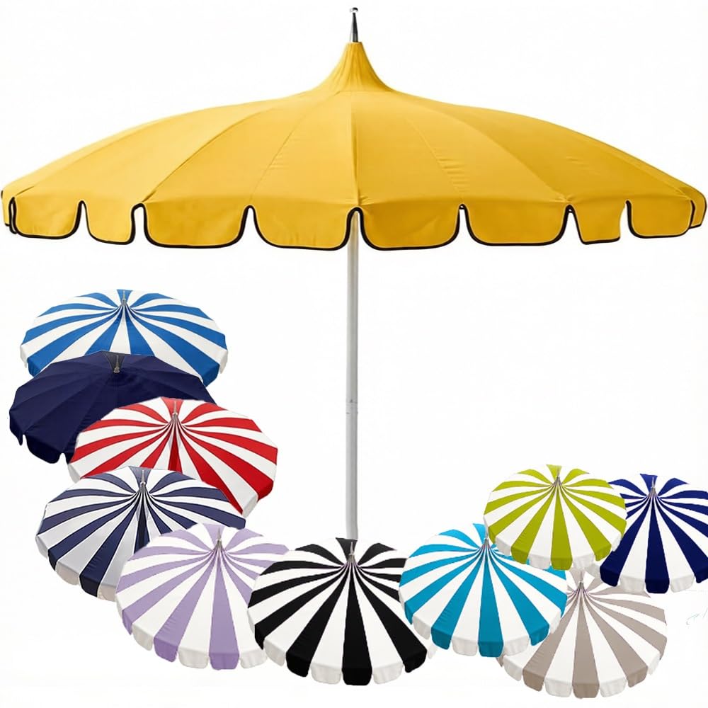 LARAKVEAKV Stripes Patio Pagoda Umbrella, 8ft Pool Umbrellas Market Table Umbrella, Outdoor Umbrellas For Deck Patio, 16 Fiberglass Ribs(Yellow)