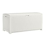 99 Gallon Wicker Horizontal Outdoor Deck Box with Hinged Lid, Water-Resistant Storage Solution for Patio, Deck, Yard, and Garage, White, Made in the USA
