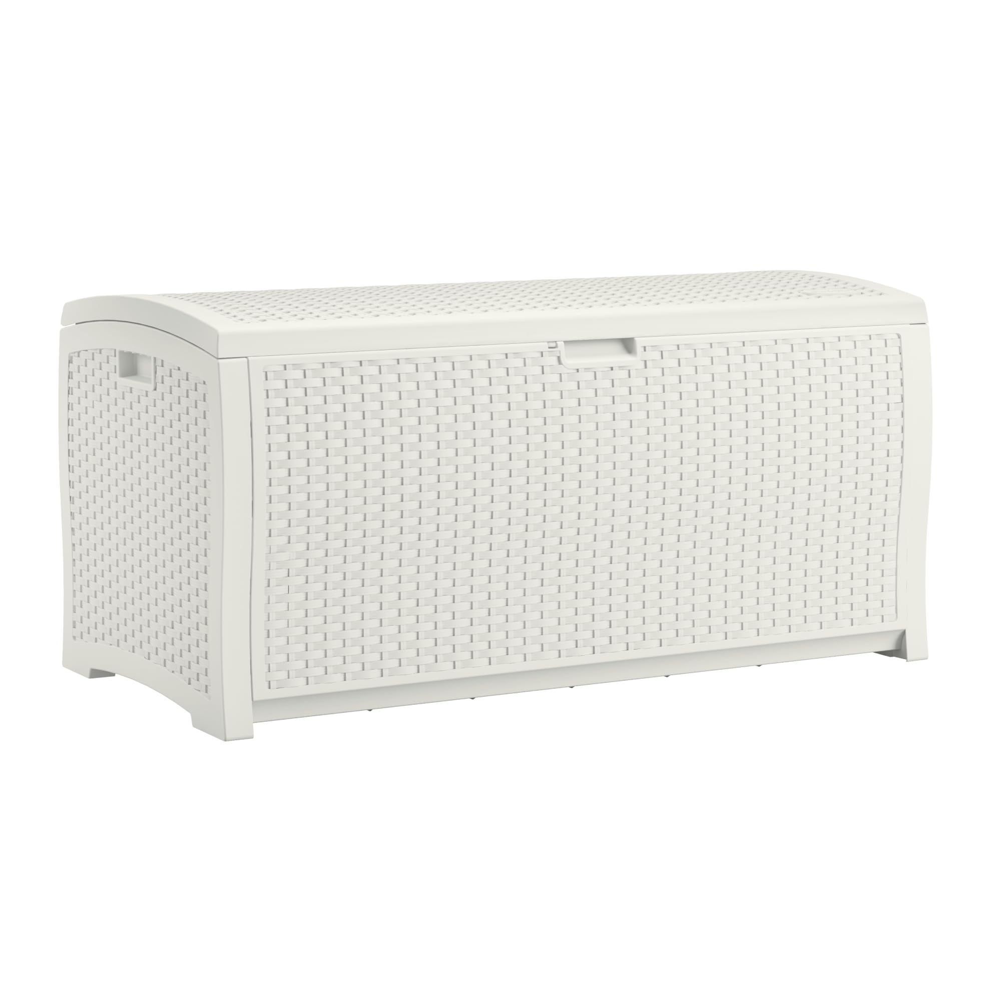 Suncast 99 Gallon Wicker Horizontal Outdoor Deck Box with Hinged Lid, Water-Resistant Storage Solution for Patio, Deck, Yard, and Garage, White, Made in the USA