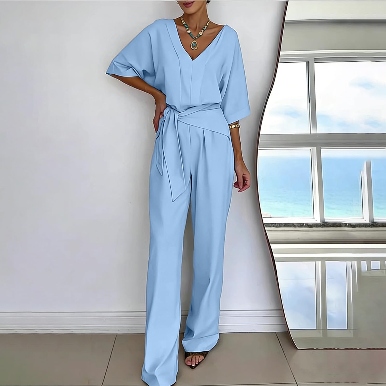 FUPODD Jumpsuit Damen Elegant Festlich Overall Hochzeit Mit Ärmel Playsuit Sommer Lang Wide Leg Mit Gürtel Jumpsuits Für Frauen Hochzeitsgast Hosenanzug V Ausschnitt Einteiler Buisness Romper Leicht