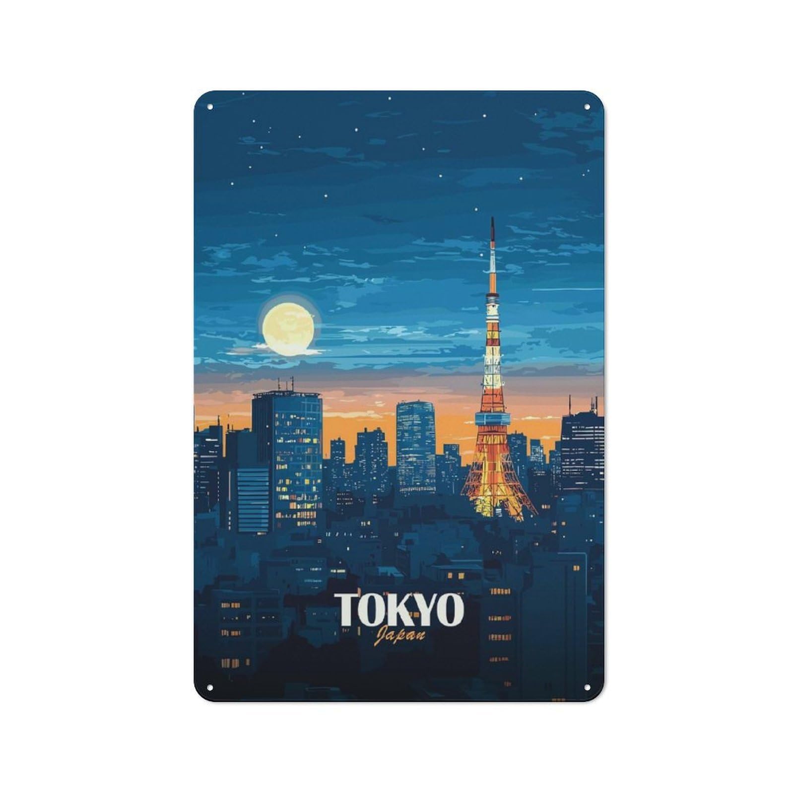 Tokyo Japan Cityscape at Night Decorative Metal Plaque 30x20cm, Shop Front Style Bistro Wall Plaque for Tea Room, Shop Wall Or Breakfast Area