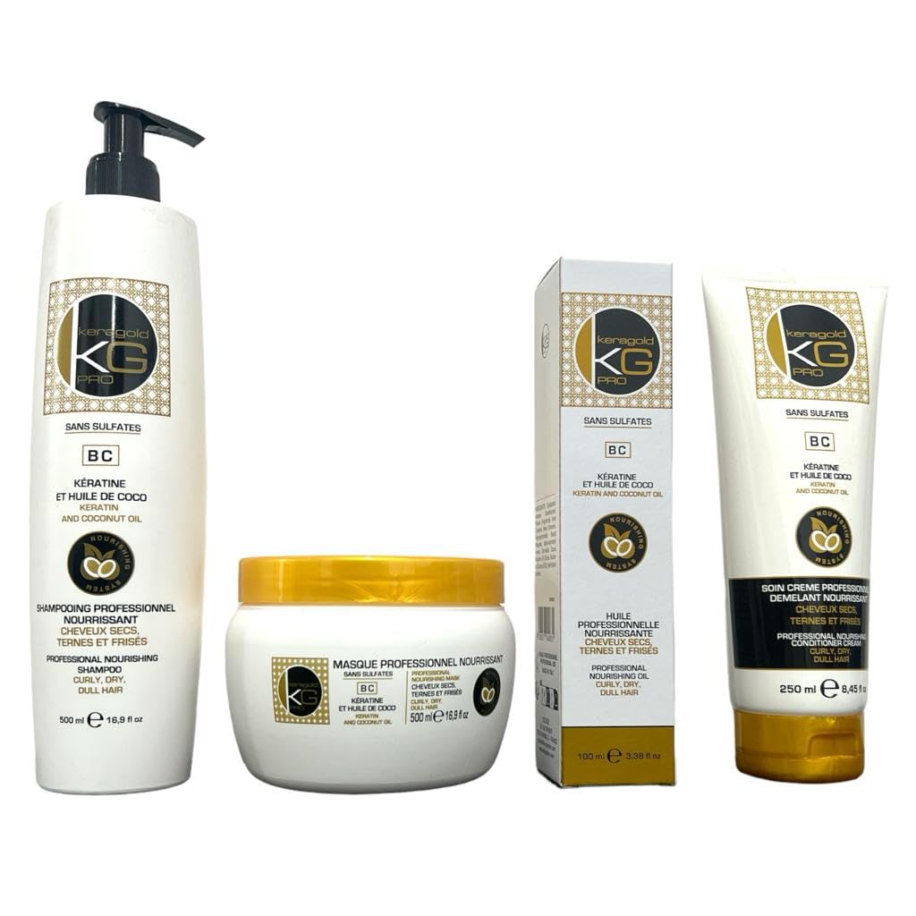 KERAGOLD PRO - Confezione Ultimate Premium 4 prodotti - Senza Solfati Shampoo 500ml + Maschera 500ml + Siero 100ml + Cura senza risciacquo (KG BC KERATINE & OLIO DI COCOCO)