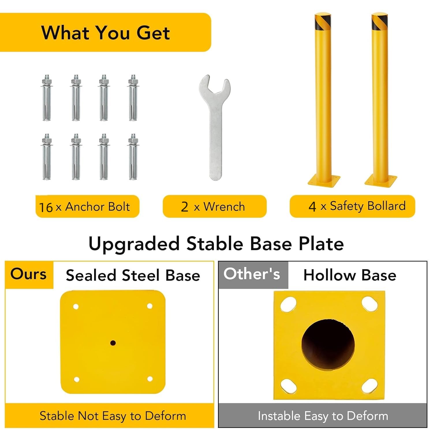 GarveeTech Safety Bollard 4 Packs, 36 Inch Height Bollard Post, 4.5 Inch Diameter, Yellow Safety Steel Bollard Post with 16 Anchor Bolts, for Traffic Control, Driveway Barrier and Parking Pole
