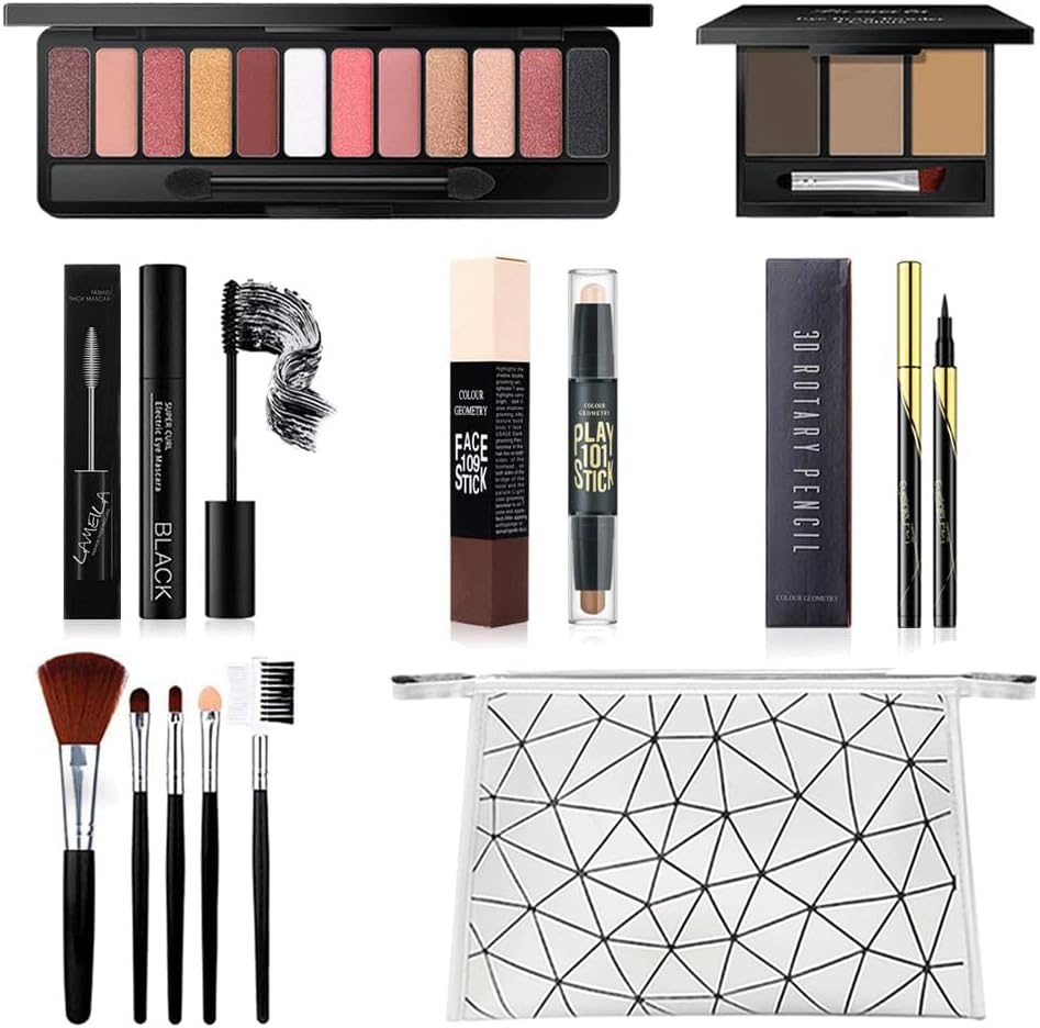 All in One Makeup Kit, Includes 12 Colors Eyeshadow Palette, 5PCS Brush Set, 3 Colors Eyebrow Powder, Waterproof Black Eyeliner & Mascara, Magic Contour Stick With Cosmetic Bag Makeup Set