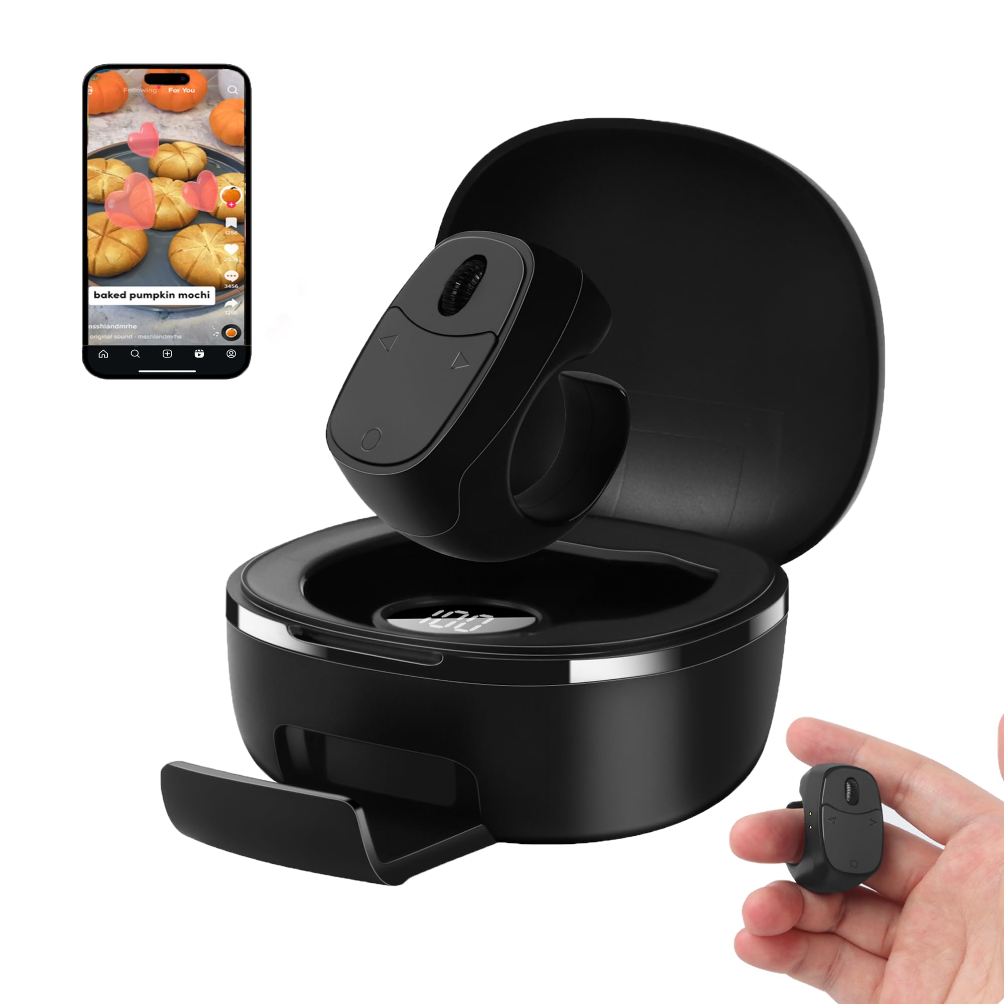 Kabellose Bluetooth-Fernbedienung, TikTok-Scrolling Ring Wiederaufladbarer mit Ladehülle, Remote Kurzvideo, Kamera Auslöser, E-Book PPT Seitenwender, für Smartphone Tablet Zuhause Reisen Büro-Schwarz