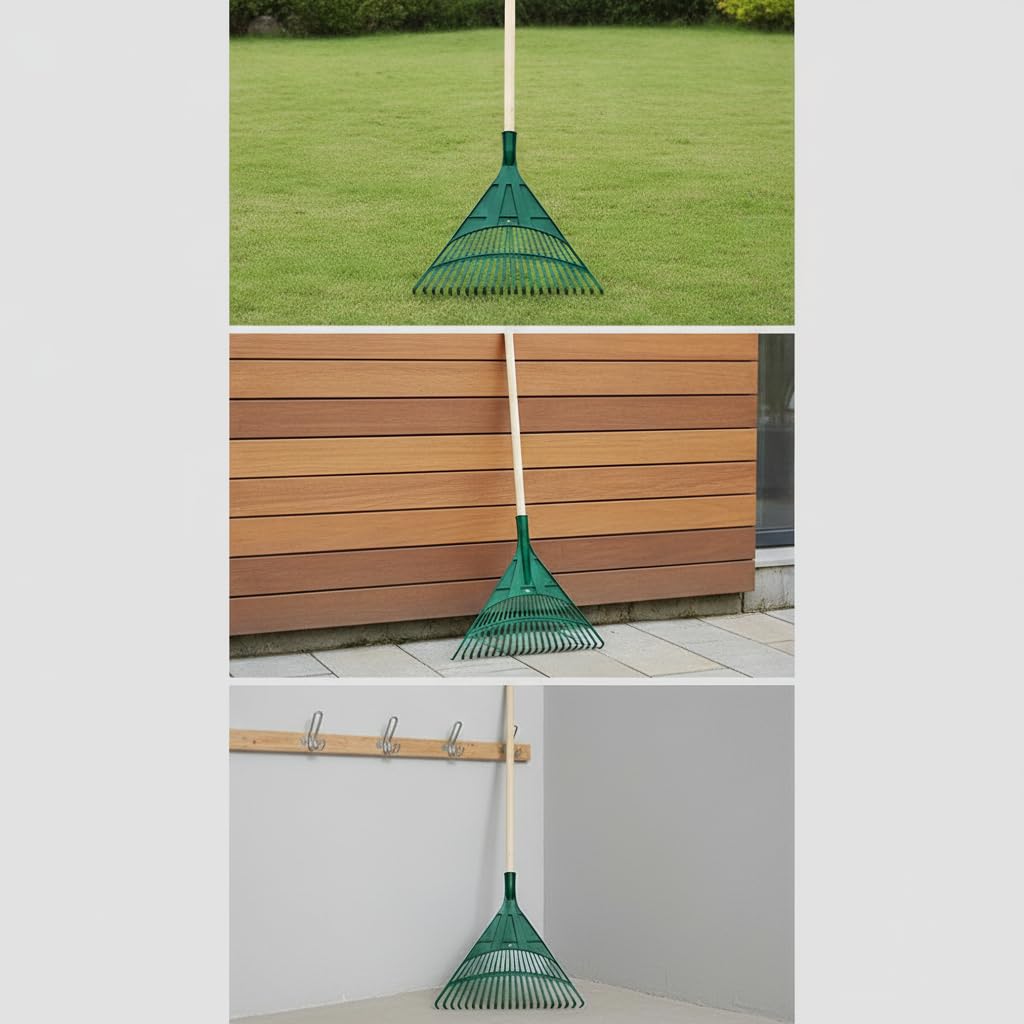 Harilla Râteau Agricole avec Manche en Bois pour Jardinage à Feuilles Mortes à Semis à Terre Outil , Râteau en Plastique Vert de 22 Dents avec Manche