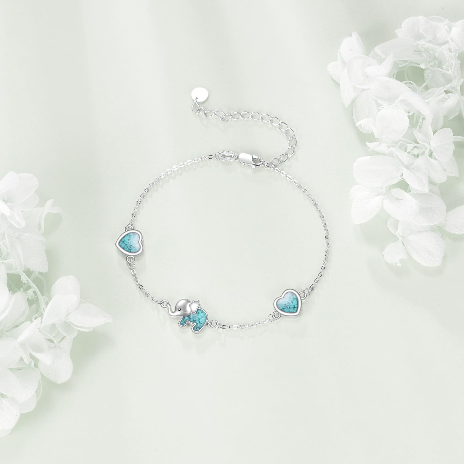 ONEFINITY Bracciale con elefanti in argento sterling 925, con cuore turchese, con elefante, idea regalo per donna