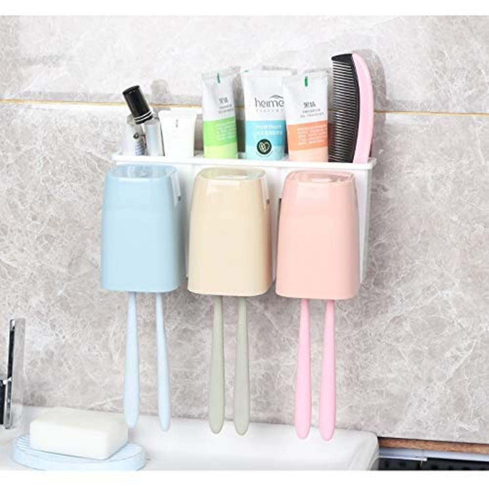 AJARVAR Premium Wall Mount Toothbrush Combination Holder with 3 Cups Self-Adhesive Bathroom Shower Storage Organizer
