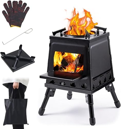 Japard Estufa de campamento de leña, estufa de leña portátil de hierro fundido, estufa de leña negra con estuche de transporte para mochileros