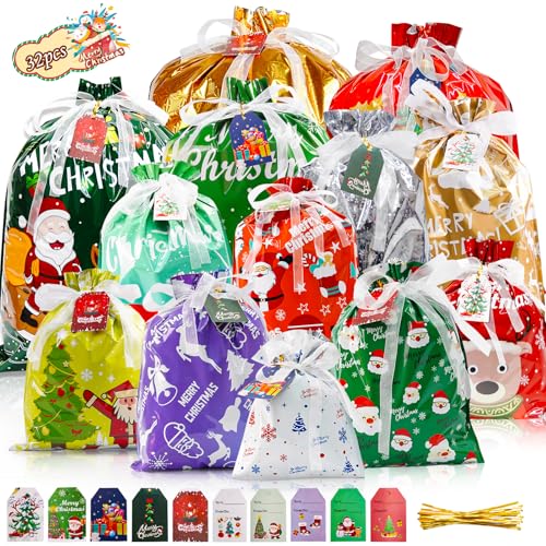 KONCCI Christmas Drawstring Gift Bags, 32 Pcs Xmas Bags for Presents, 5 Sizes Large Medium Small Christmas Wrapping Bags Multipack with Ribbons & Cards for Xmas Party Decoration