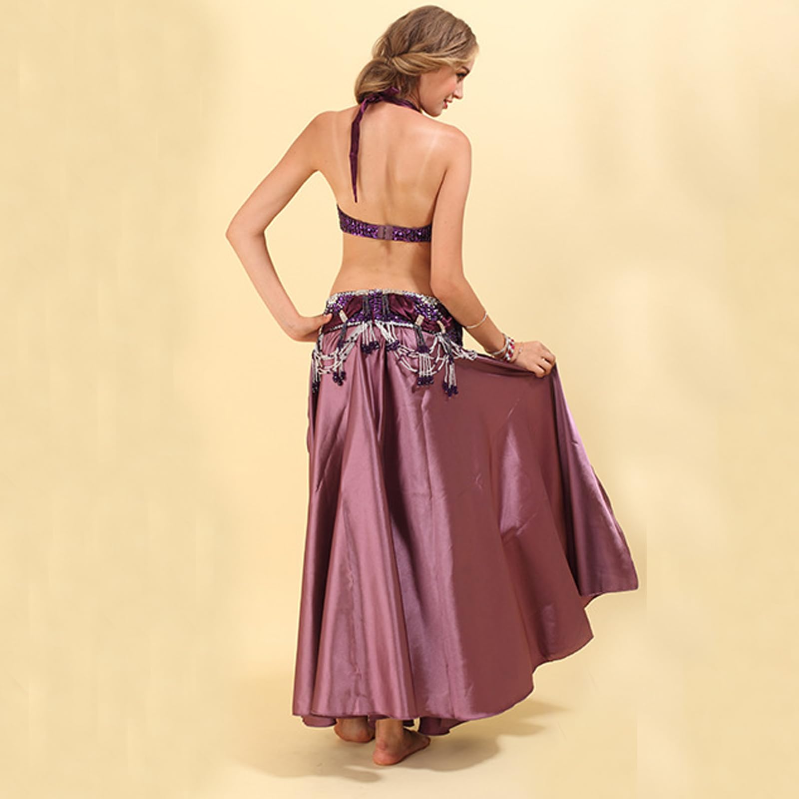 Costume Danza del Ventre Donna,Set 3 Pezzi,Abbigliamento Spettacolo in Raso Due Spacchi Laterali Danza del Ventre,gonne Flamenco Carnevale Halloween Vestito Danza del Ventre,Viola,S