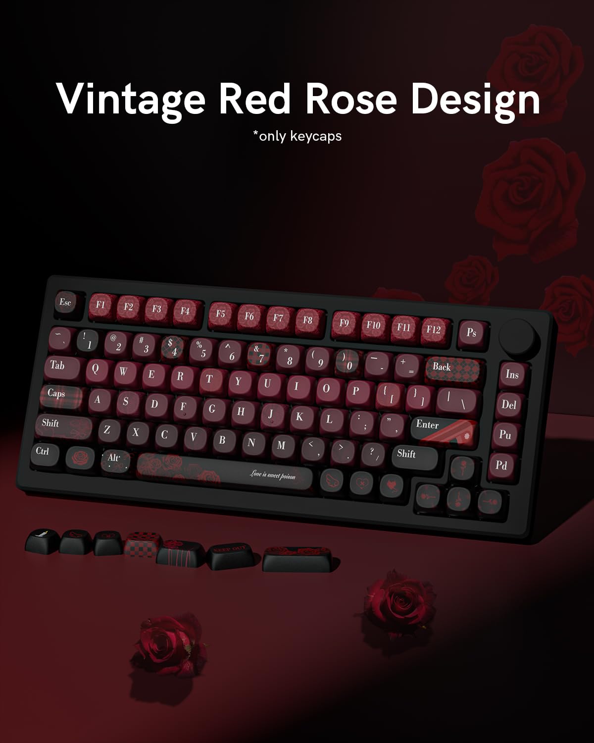 Womier キーキャップ 赤いバラ MOAプロファイル PBT キーキャップセット 131キー | 染料昇華印刷, 60%/65%/75%対応, TKL・フルサイズ対応, メカニカルキーボード用, カスタムデザイン