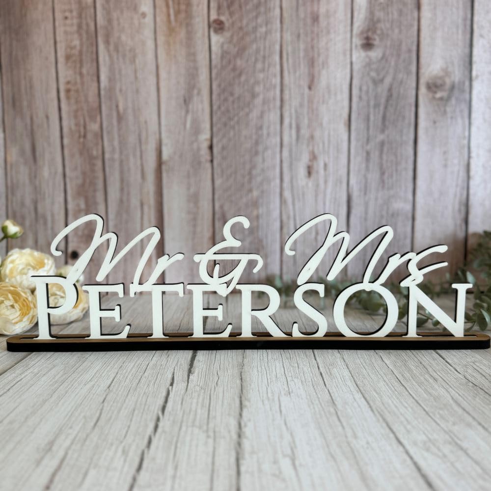 Luck And Luck White Personalised Wedding Surname Sign With Stand, Mr & Mrs Wooden Gift