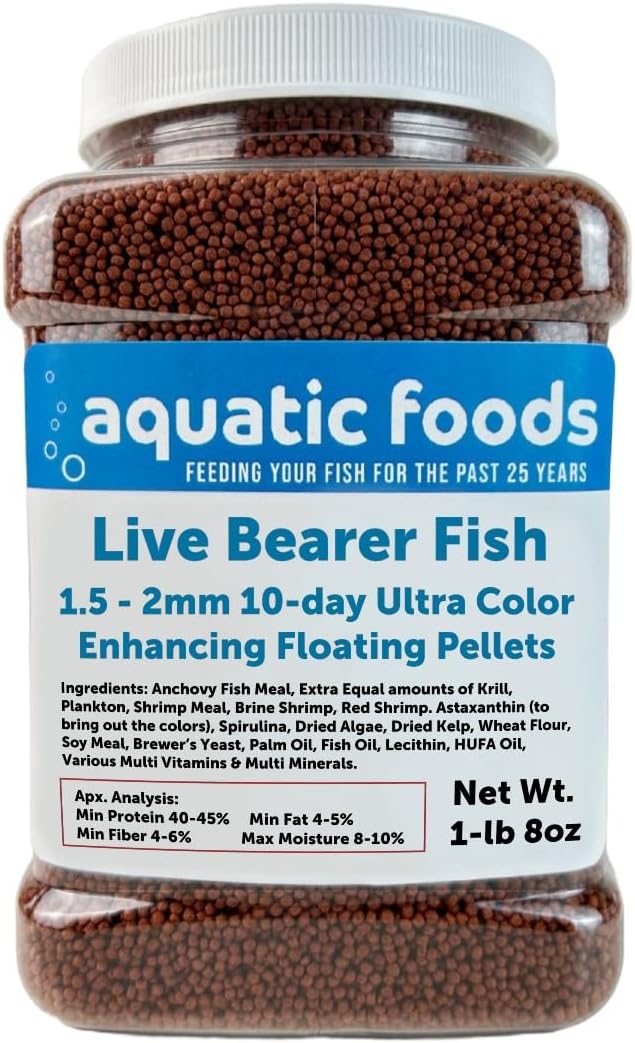 Aquatic Foods Inc. Live Bearer Ultra Red Color Enhancing 1.5mm-2mm Floating Pellets. Color Enhancing in 10-Days for Swordtails, Platies, All Live Bearers…1-lb 8oz Medium Jar
