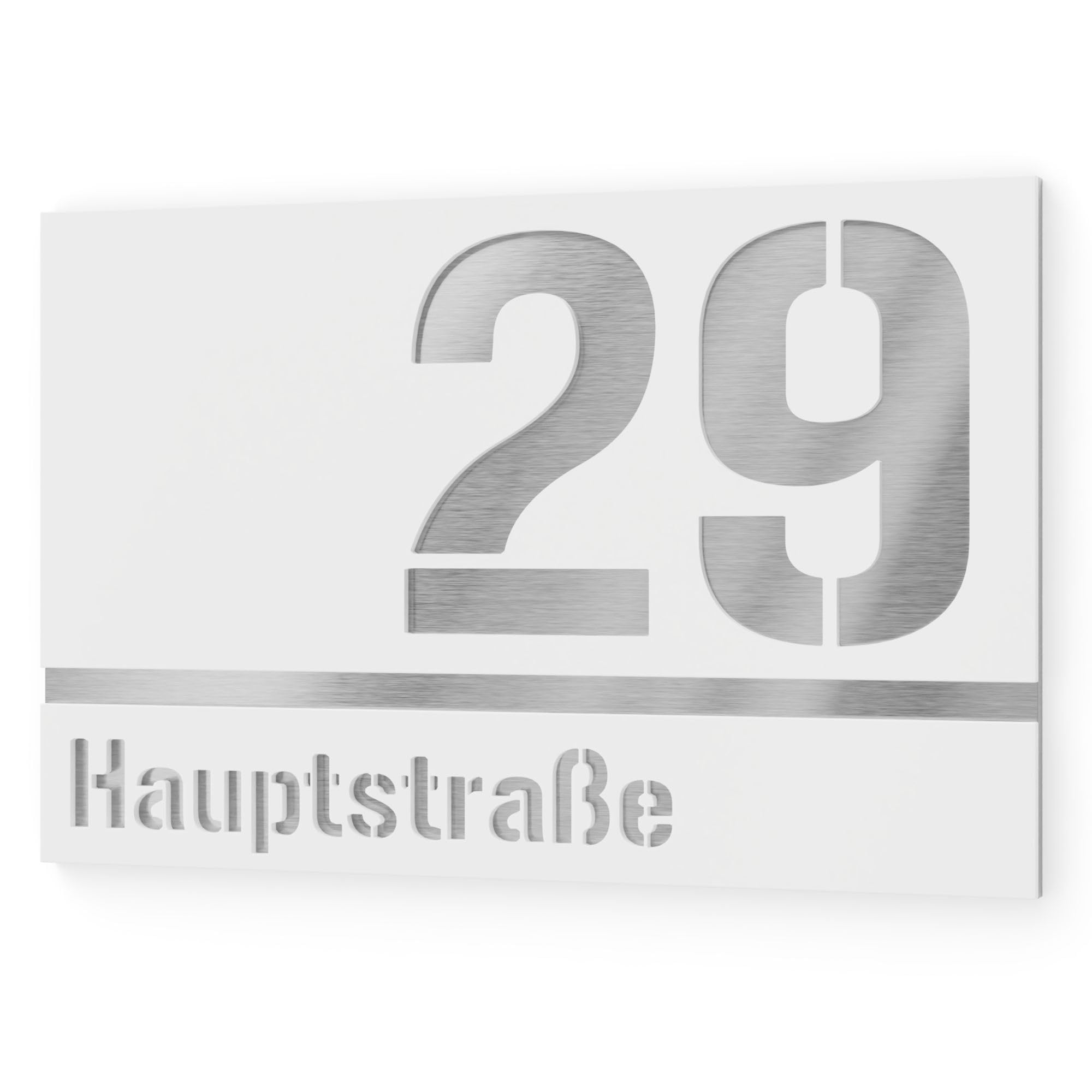 targhetta numero civico a due righe da esterno – 215x150 mm, bianco, acciaio inox V2A (AISI 304), personalizzabile