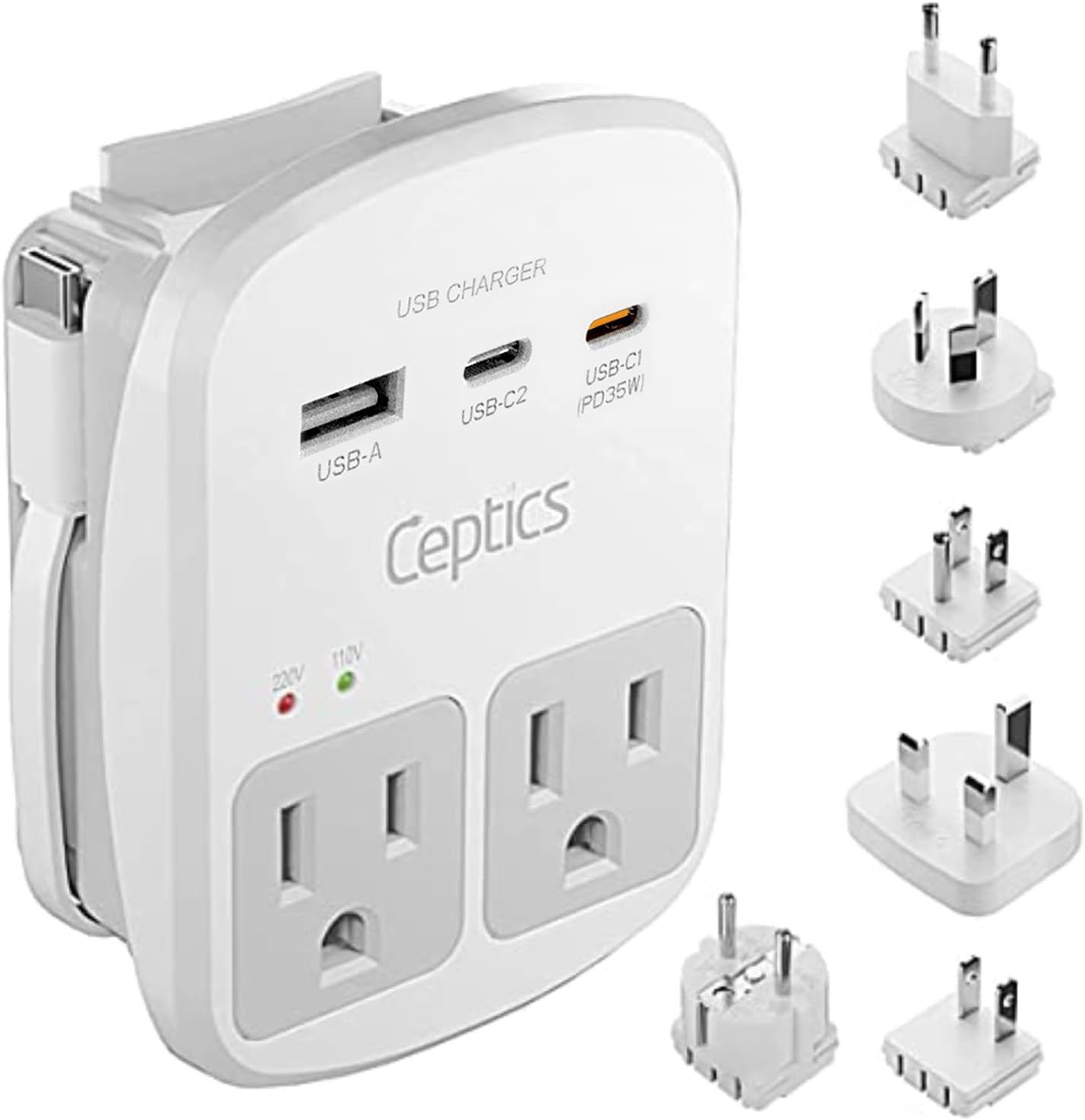 Universal Travel Adapter Kit – 2 USA sockets, USB-A, USBC, 1x PD 35W USB-C and USBC Cable, Surge Protected, Plugs for EU, UK, China, AU, Japan - Use with Laptop, Phones, Cameras - ETL Tested