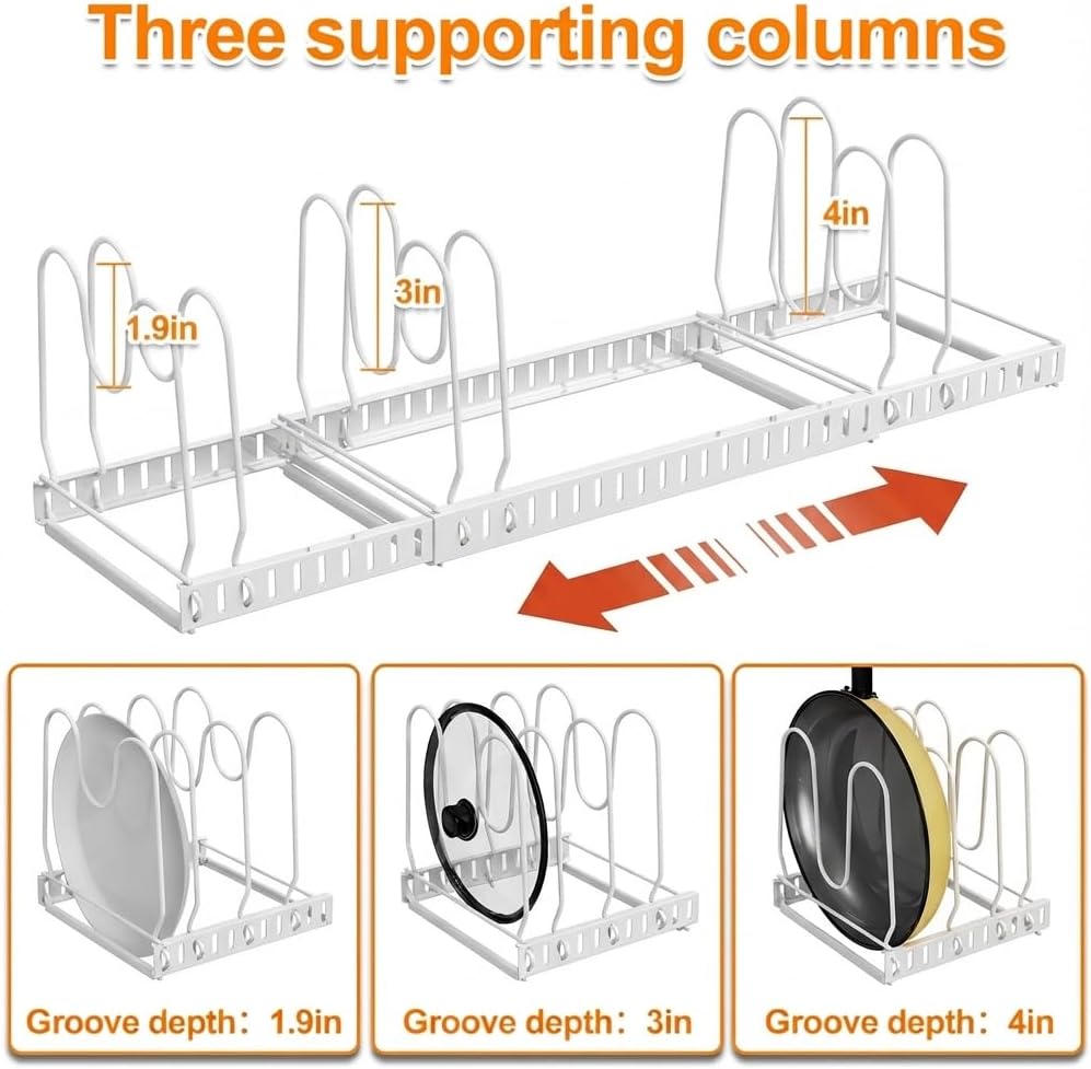 Pot and Pan Organizer Rack for Cabinet, 3 Expandable Pot Lid Organizer Holder with 12 Adjustable Compartment for Kitchen Cutting Board, Pan Lid, Bakeware, White