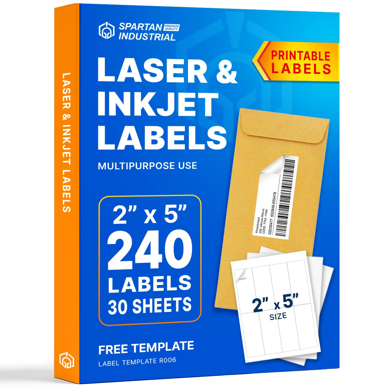 Photo 1 of 2" X 5" Matte White Printable Shipping Labels (30 Sheets, 240 Stickers) Address and Mailing Labels for Laser & Inkjet Printers - Spartan Industrial Template R006