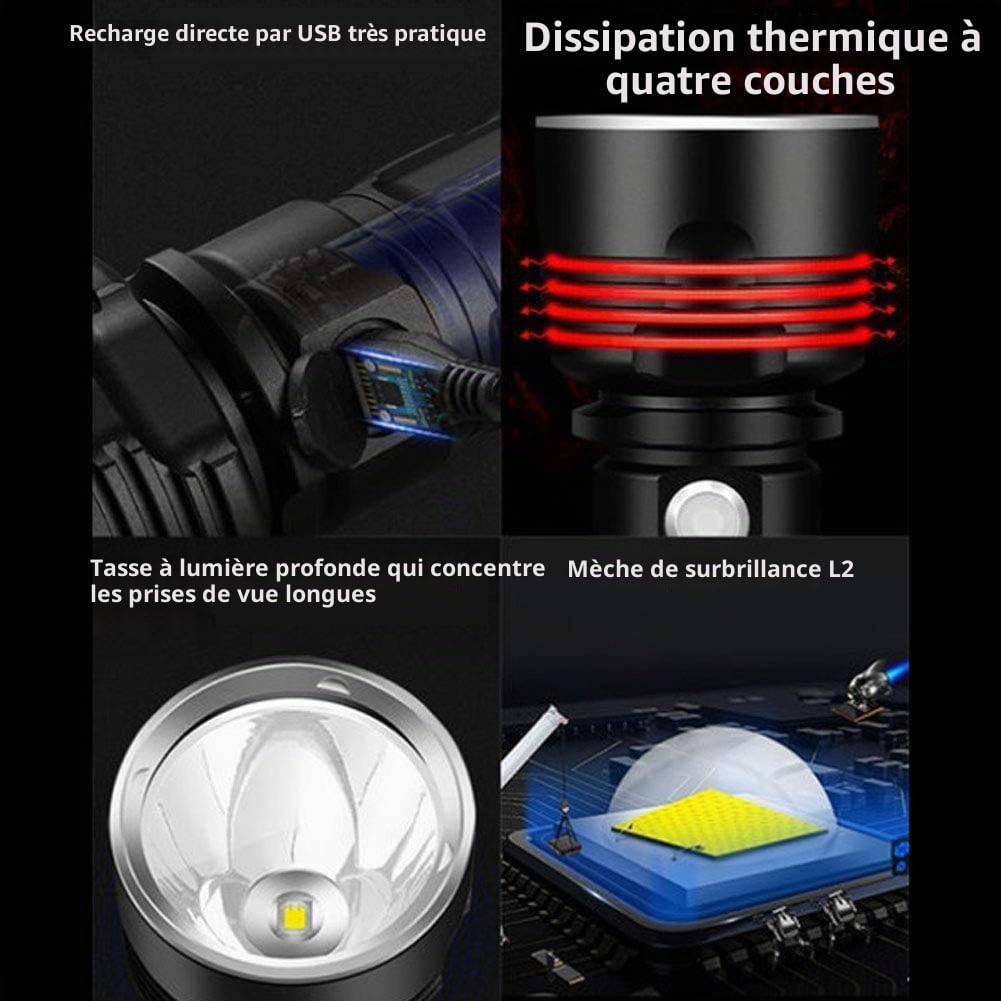 XLM-P70 Lampe Torche LED,30000-100000 Lumens Lampe de Poche Militaire Tactique Ultra Puissante Étanche Torche,Lampe Torche Rechargeable USB (50W-XLM-70, Double batterie), (P70/L2)