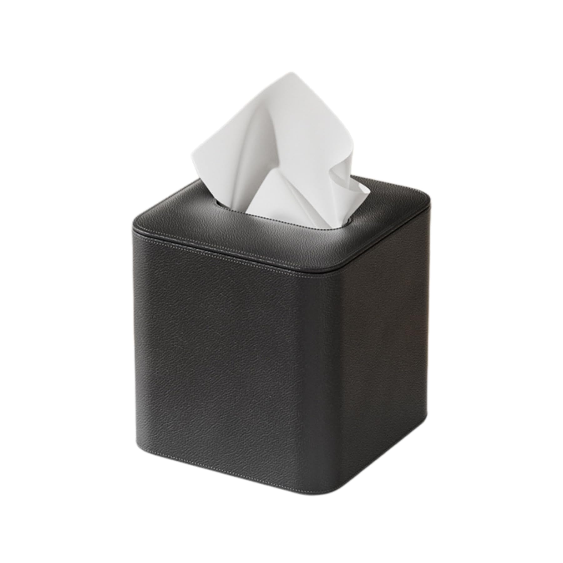 Square PU Leather Tissue Box Cover, Ribbed & Smooth Finishes, 6 Colors, for Standard Cube Tissues-Rounded Black