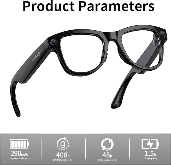 AI Smart Glasses with Camera Stabilization - 8MP POV Video Recording, Real-Time AI Translation, Smart Assistant, Dual-Mic Noise Canceling for Travel & Meetings - Anti-Blue Light, Black Frame