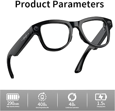 AI Smart Glasses with Camera Stabilization - 8MP POV Video Recording, Real-Time AI Translation, Smart Assistant, Dual-Mic Noise Canceling for Travel & Meetings - Anti-Blue Light, Black Frame