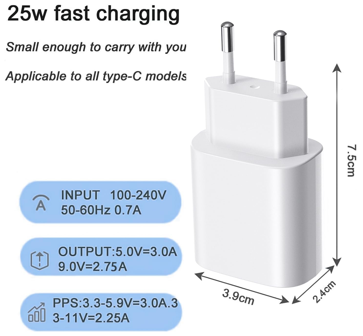 Ładowarka USB C 25 W, wtyczka Type-C PD 3.0, uniwersalny adapter zasilacz USB C szybka ładowarka, kompatybilna z Samsung Galaxy S22/S23/S24/Google Pixel/tabletami