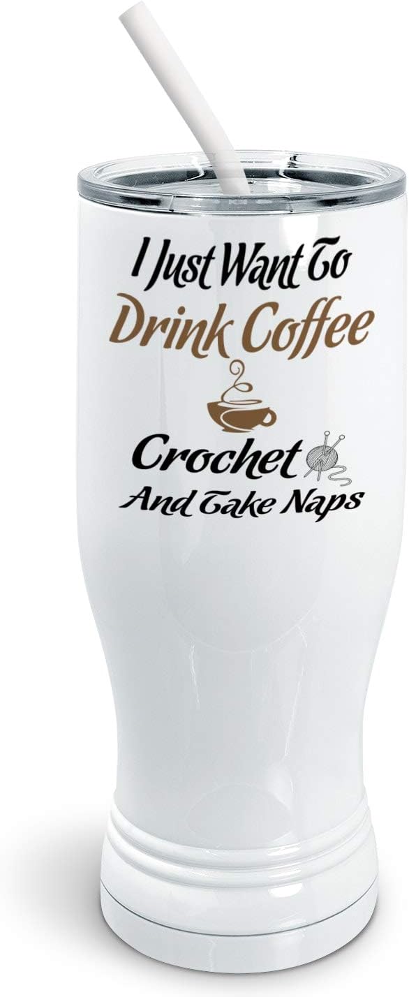 PixiDoodle I Love Coffee Crochet and Naps - Hobby Novelty Insulated Coffee Mug Tumbler with Spill-Resistant Slider Lid and Silicone Straw (15 oz Mug, Silver)