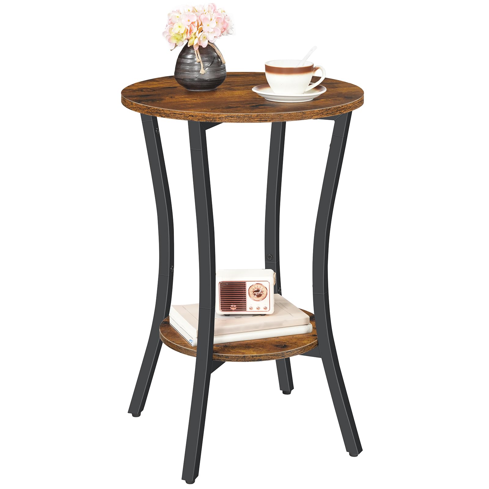 HOOBRO Round Side Table, 2 Tier Small Bedside Table, Round Sofa Side Table with Storage Shelf, Small Tables Coffee Table Hallway for Living Room, Sturdy, Rustic Brown and Black EBF180BZ01G1