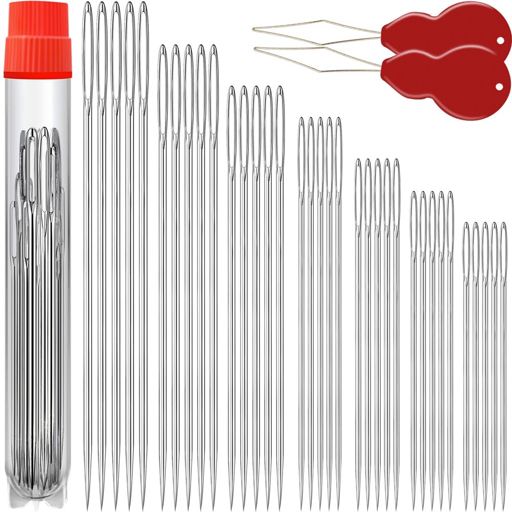 JollMono 35PCS Stainless Steel Large Eye Hand Sewing Needles, 7 Sizes with Threaders for Leather Embroidery Crafts