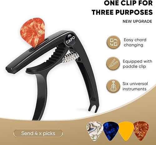 Miniatura 2 de Cejilla de guitarra, cejilla de metal de zinc 3 en 1 para guitarras acústicas y eléctricas (con soporte para púas y 4 púas), ukelele, mandolina,