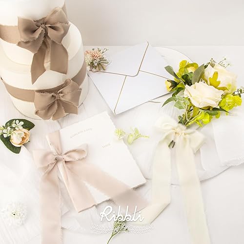 Miniatura 4 de Ribbli Cinta de Satén de Seda Marfil Champán de 1.5 Pulgadas x 30 Yardas Cinta de Gasa Deshilachada Hecha a Mano para Envolver Regalos Invitaciones