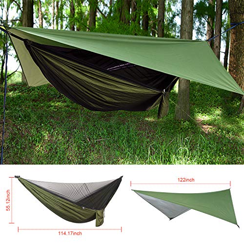 Firiner Camping Hammock With Rain Fly Tarp And Mosquito Net Tent Tree Straps, Portable Single Double Nylon Parachute Hammock Rainfly Set For Backpacking Hiking Travel Yard Outdoor Activities Green #TOP5