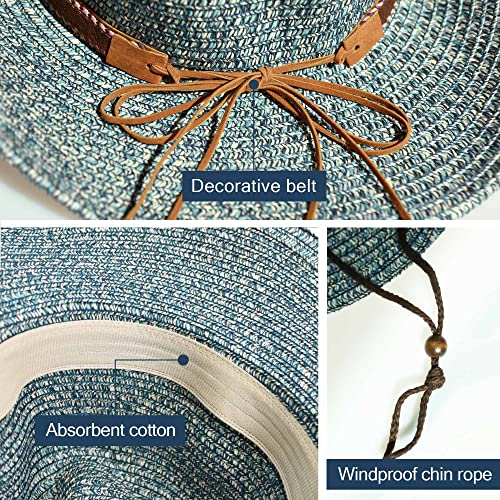 Unisex Straw Sun Hat Mens Cowboy Style Garden Hat Upf 50+ Wide Brim Summer Womens Straw Hat With Wind Lanyard Navy Blue #TOP1