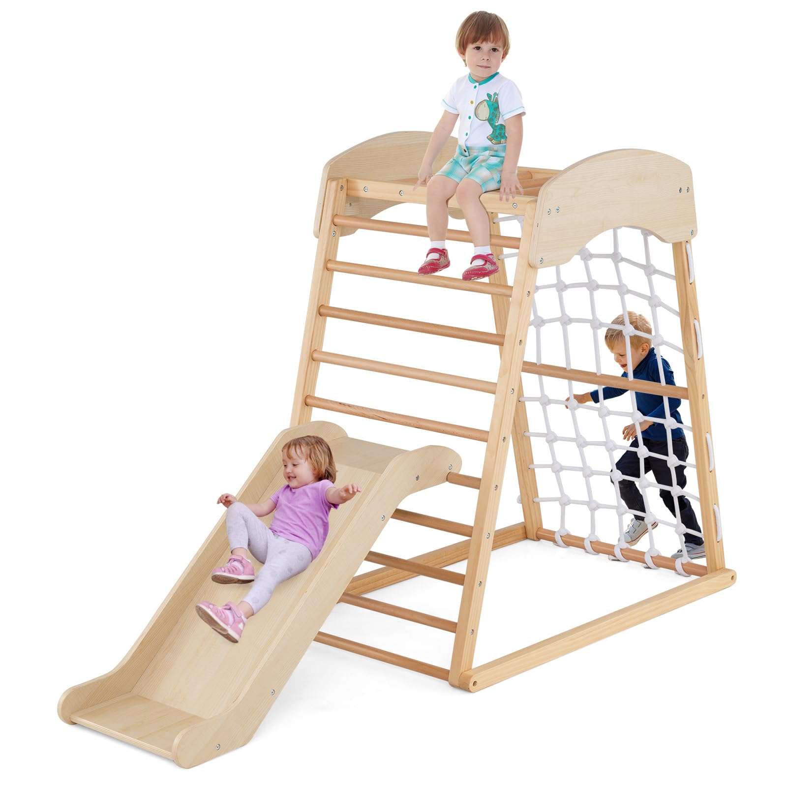 COSTWAY Toddler Climbing Frame, Wooden Montessori Play Gym with Slide, Monkey Bars, Climbing Net and Ladder, Kids Playground Playset for 1+ Years Old (Natural)