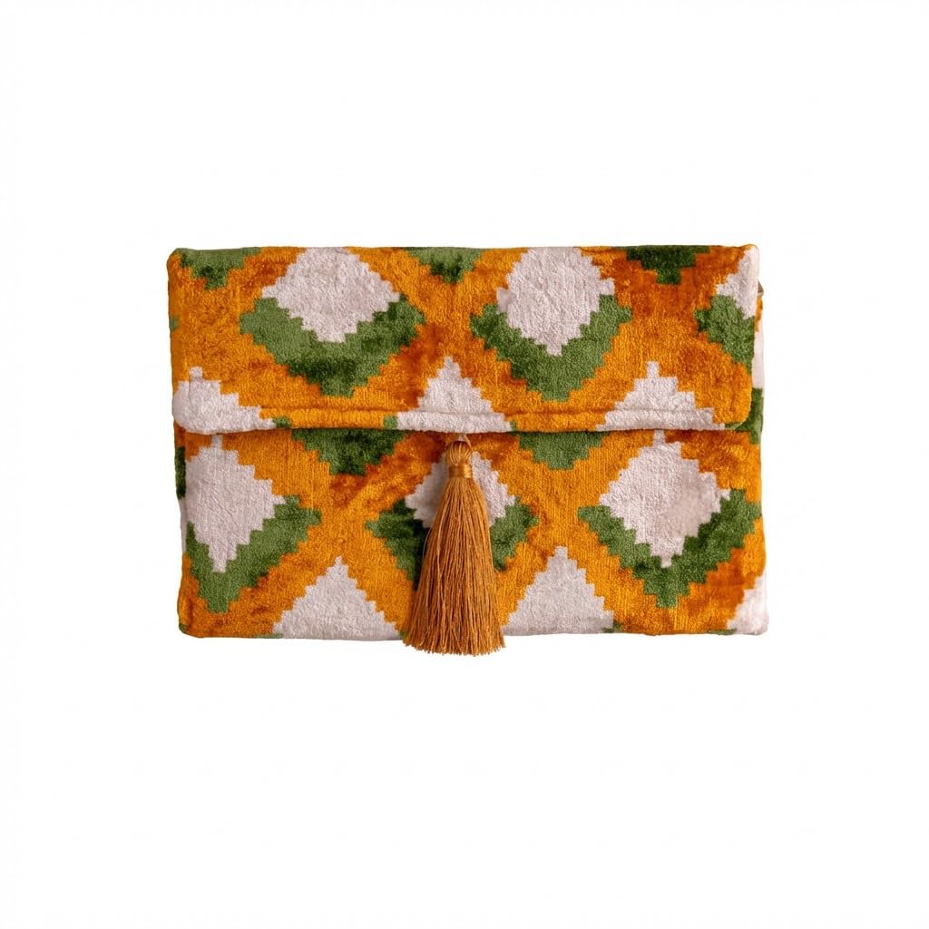Pochette Ikat in velluto di seta fatta a mano, stile busta, design bohémien, motivo etnico, opzione cinturino a catena, pochette per feste serali, borsa premium, bianco sporco, verde, oro
