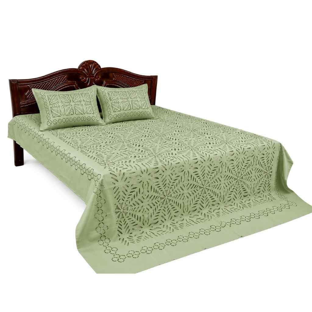 Pastel Cotton Applique Cutwork Bedsheet (Green)-image-1