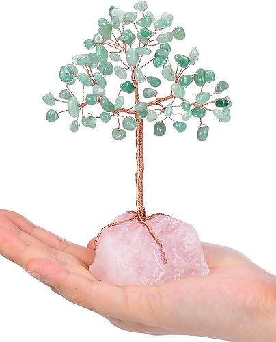 Miniatura 3 de Top Plaza Árbol de árbol de aventurina verde con cristales curativos para decoración de oficina, envuelto en cobre en base de cuarzo rosa natural,