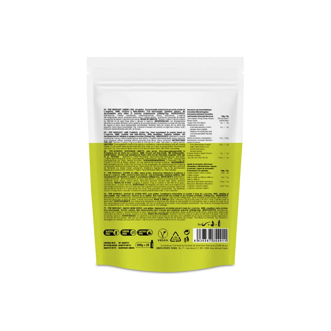 226ERS Pre Workout | Boisson Végétalien en Poudre Pré-entraînement avec L-Arginine AKG, HMB, Créatine et Bêta-Alanine, sans gluten, sans sucre et sans lactose, Saveur Citron Vert - 300gr
