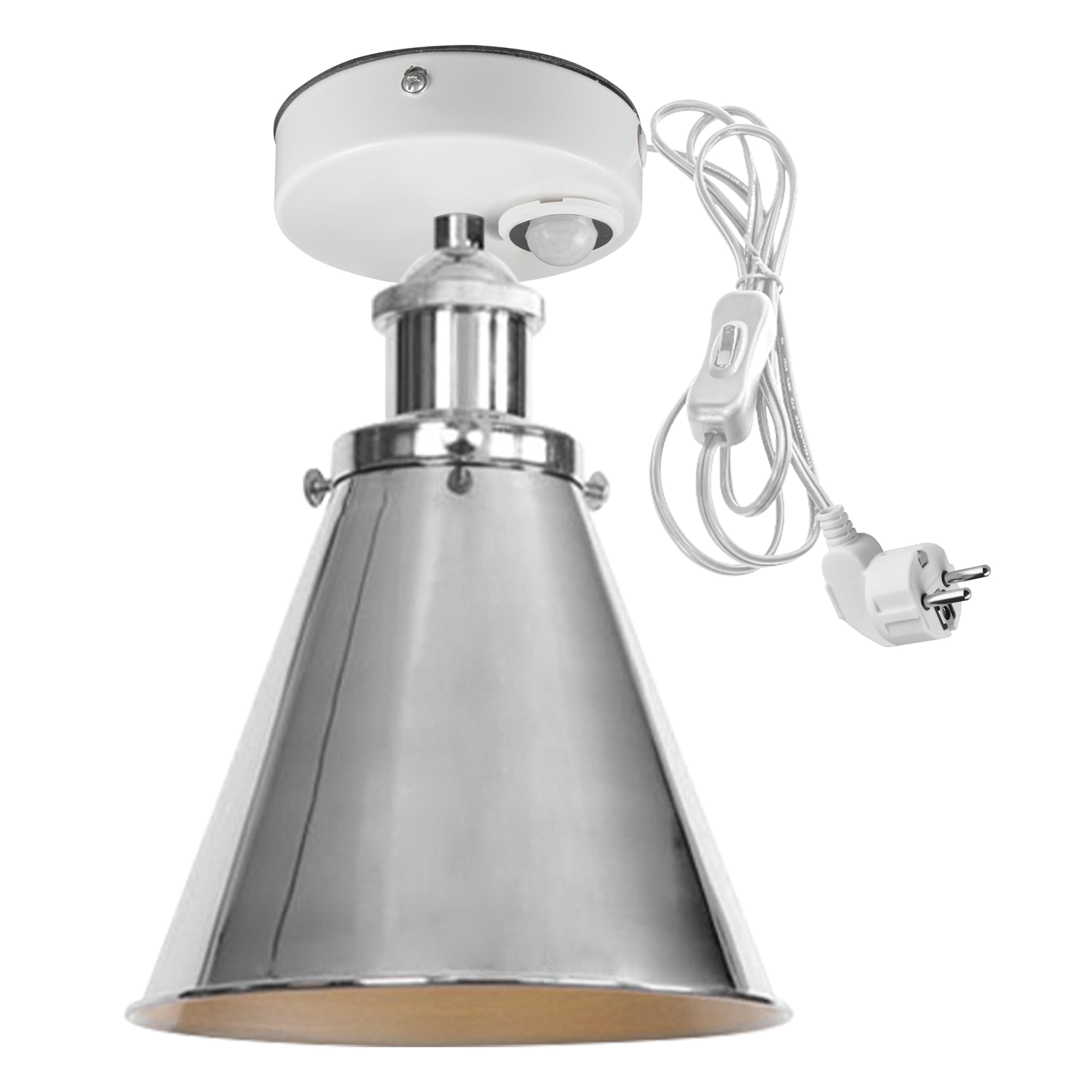 Lampada da soffitto con sensore di movimento interno, in ferro industriale, con sensore di movimento radar con cavo da 4,5 m e portalampada E27, per corridoio, bagno, scale, garage, argento