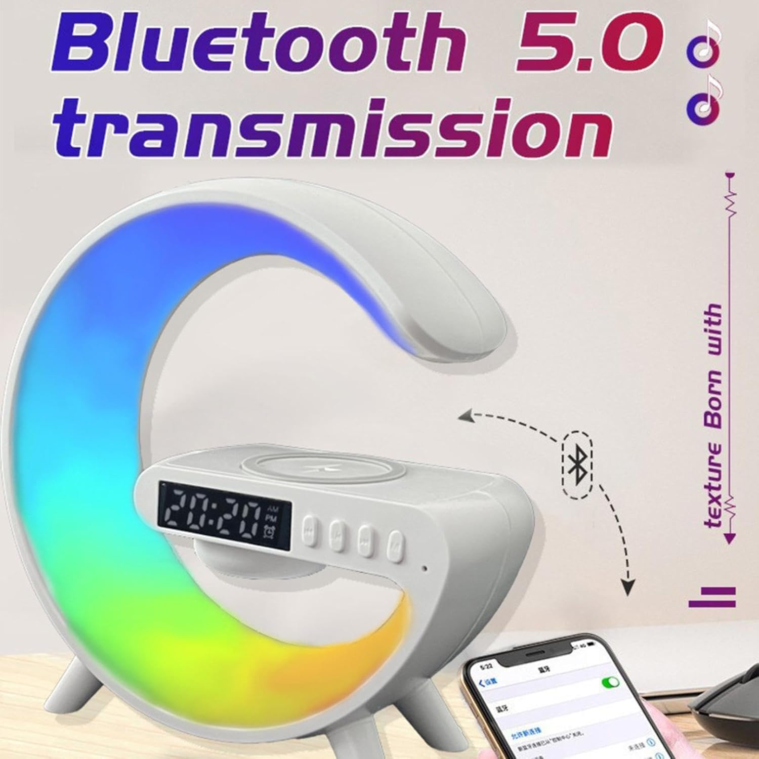 Chargeur sans fil Lampe Haut-parleur Bluetooth Horloge Musique Réveil Bouton et Contrôle APP 7 Modes de Couleur de Lumière Réveil pour Chambre à Coucher, Salon, Maison et Bureau Réveil avec Chargeur