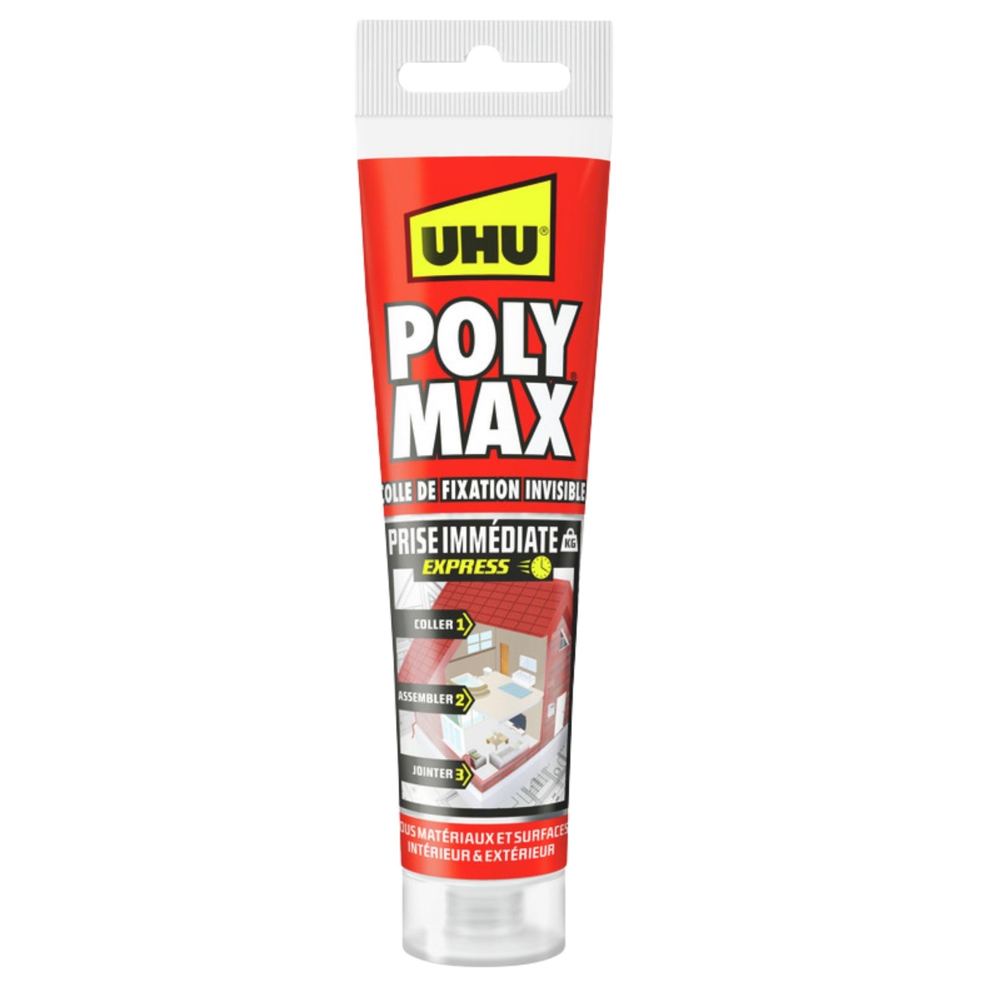 UHU Poly Max - Mastic-​Colle Prise Immédiate Invisible Séchage Rapide - Pour Coller, Assembler, Jointer - Tous Matériaux & Surfaces - Intérieur/​Extérieur - Sans Solvants - Transparent - Tube 115 g