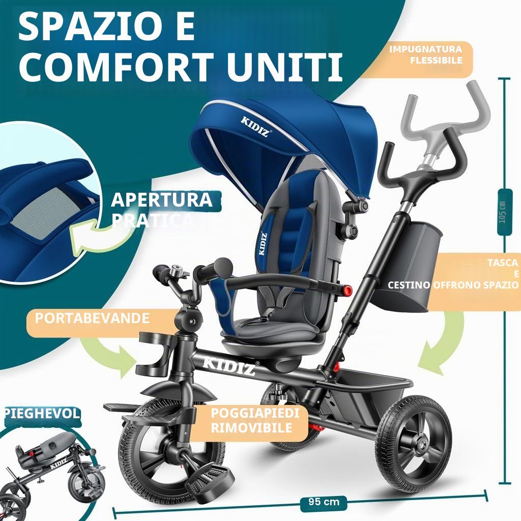 KIDIZ Triciclo 6 in 1 Dirigibile da 9 mesi Joggant anteriore e posteriore Peso massimo 25 kg Barra di spinta Cestino parasole Ruote in gomma
