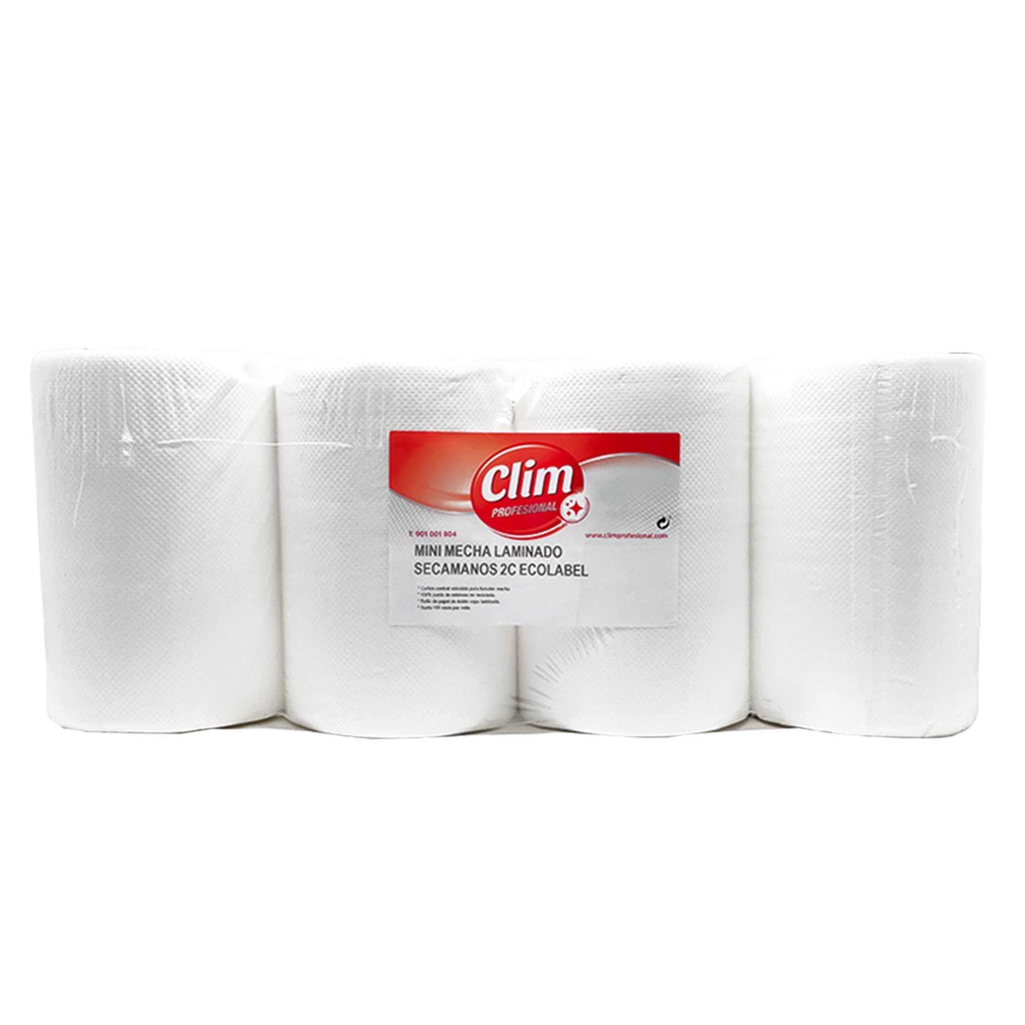 Clim Profesional - 12 Rollos de Papel Secamanos Tipo Mini Mecha Laminado de Doble Capa. Papel Gofrado Extra Absorbente para Tareas de Limpieza de Superficies. 100% Pura Celulosa Ecolabel. 60 mts