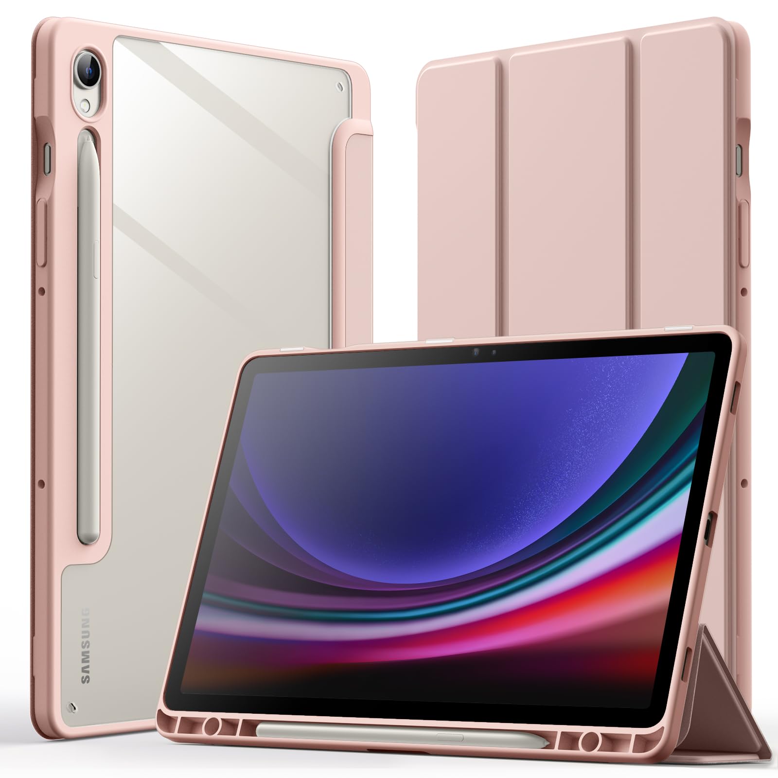 JETech Case for Samsung Galaxy Tab S9 11-Inch with S Pen Holder, Clear Transparent PC Back, Shockproof Tri-Fold Stand Tablet Cover, Auto Wake/Sleep (Rose Gold)