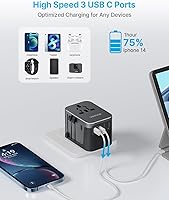 Vista 7 de VINTAR - Adaptador de viaje universal, adaptador de corriente internacional con 6A, 3 USB C y 2 puertos USB, adaptador de enchufe esencial de viaje