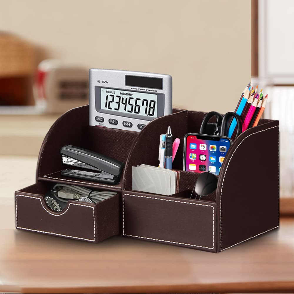 PUSU Büro Schreibtisch Organizer Leder, Multifunktions Schreibtisch Organisator mit Schublade,Stifthalter,Briefablage,Schreibwaren Set,für Visitenkarten, Stifte, Handy, Fernbedienung,Bürobedarf